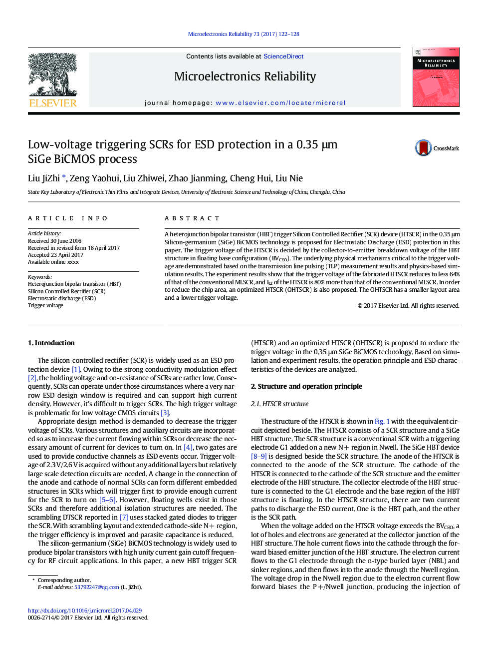 Low-voltage triggering SCRs for ESD protection in a 0.35Â Î¼m SiGe BiCMOS process