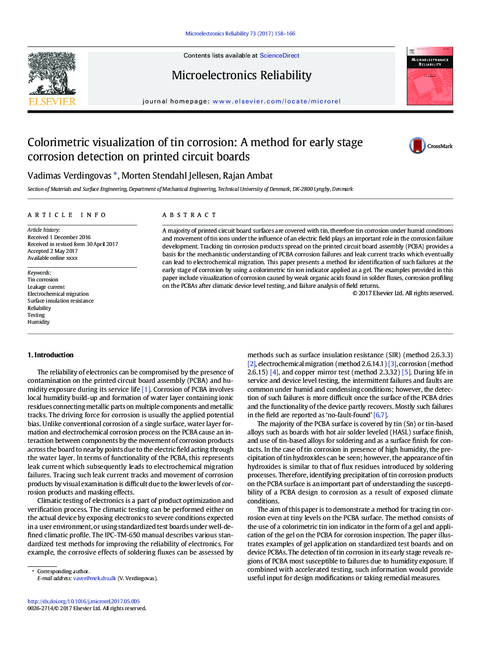 Colorimetric visualization of tin corrosion: A method for early stage corrosion detection on printed circuit boards