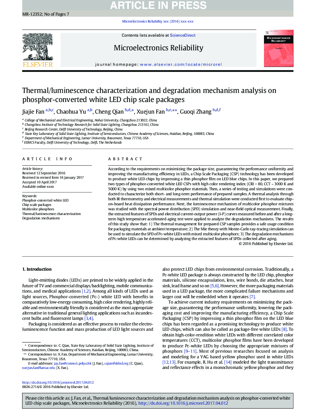 Thermal/luminescence characterization and degradation mechanism analysis on phosphor-converted white LED chip scale packages