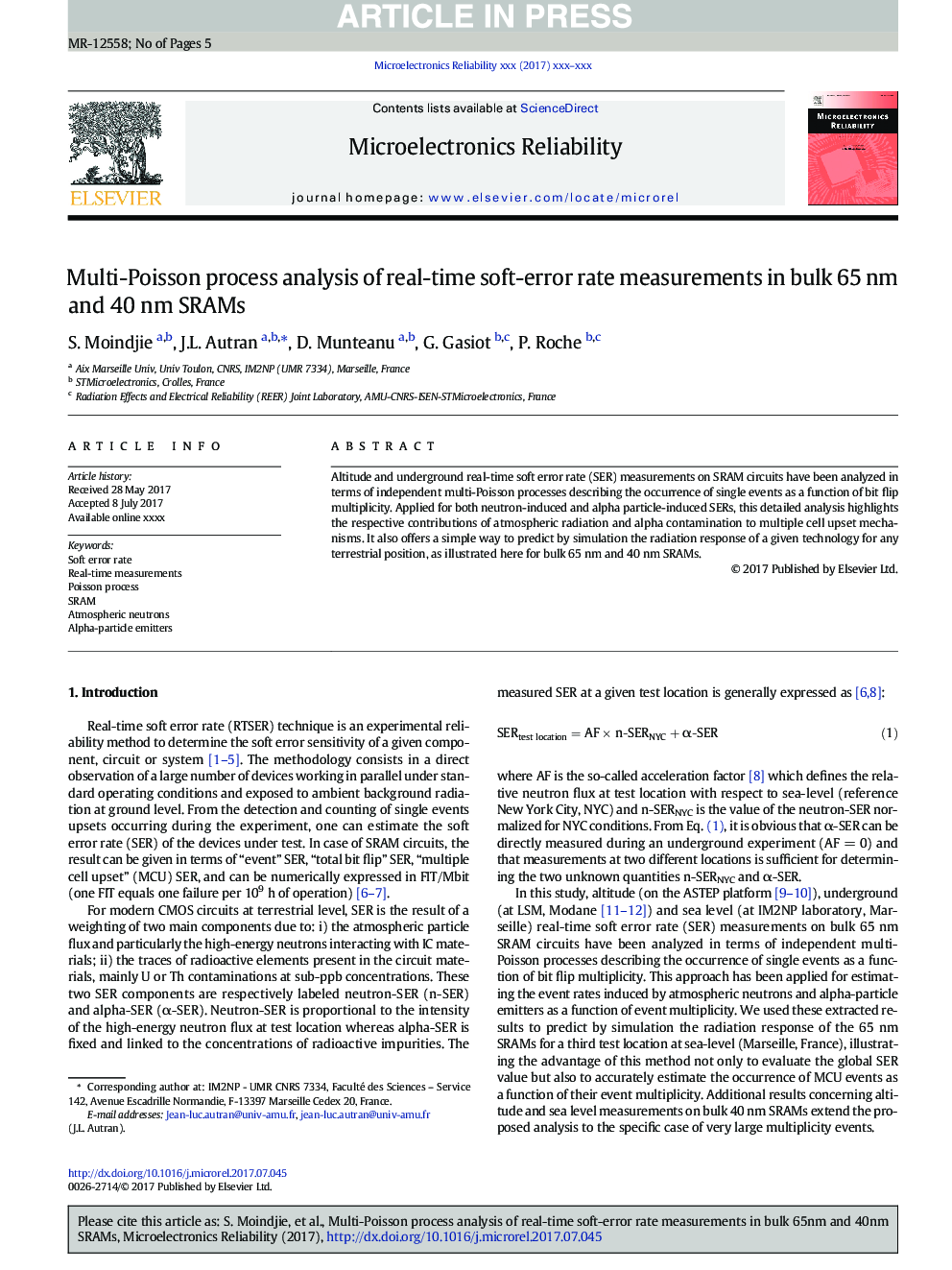 عکس صفحه اول مقاله: Multi-Poisson process analysis of real-time soft-error rate measurements in bulk 65Â nm and 40Â nm SRAMs Multi-Poisson process analysis of real-time soft-error rate measurements in bulk 65Â nm and 40Â nm SRAMs