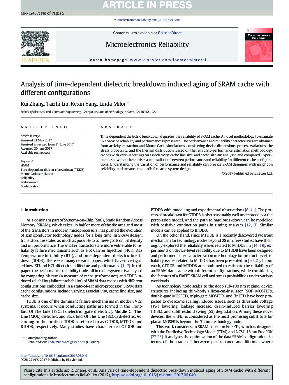 Analysis of time-dependent dielectric breakdown induced aging of SRAM cache with different configurations