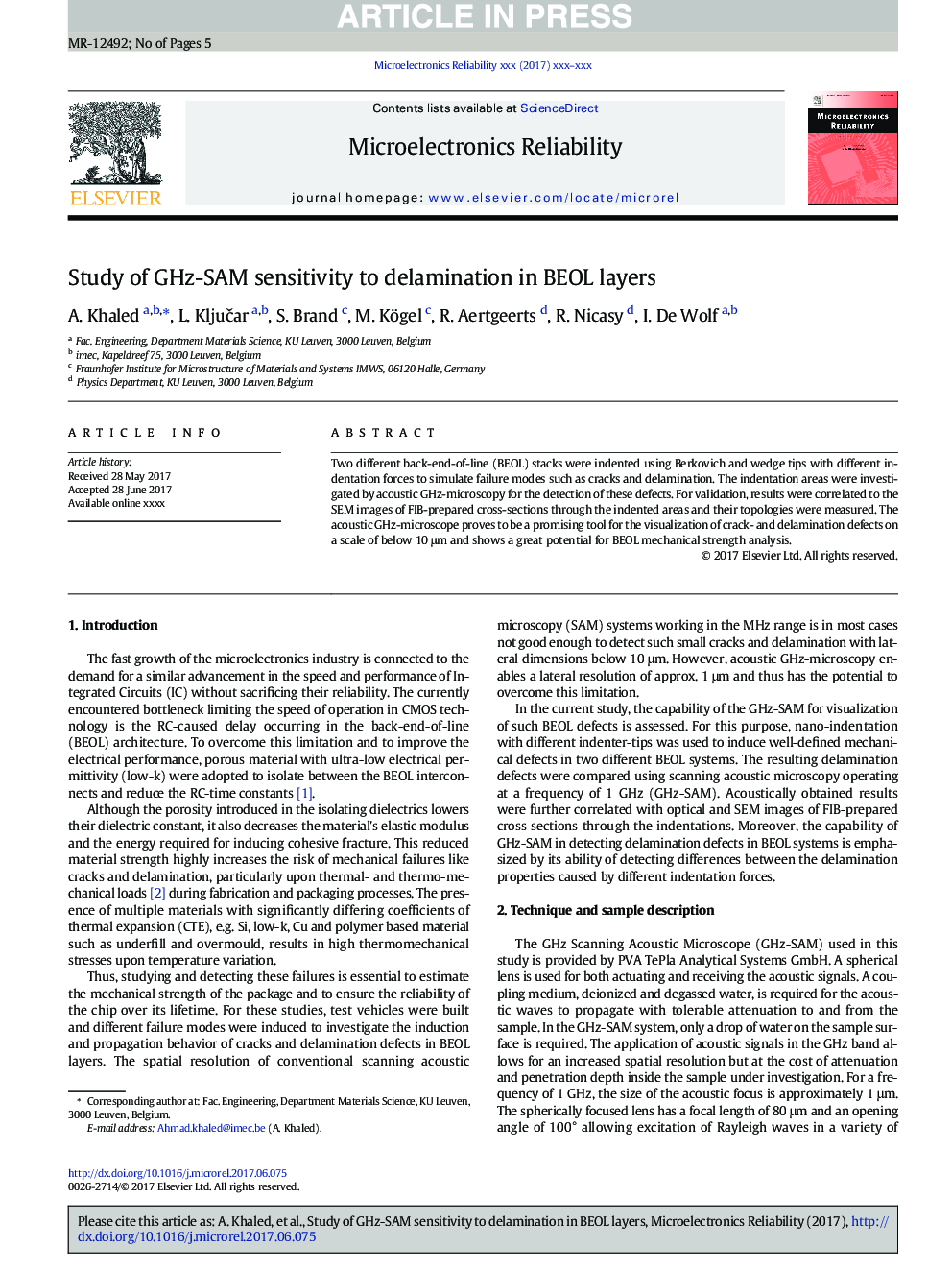 عکس صفحه اول مقاله: Study of GHz-SAM sensitivity to delamination in BEOL layers Study of GHz-SAM sensitivity to delamination in BEOL layers