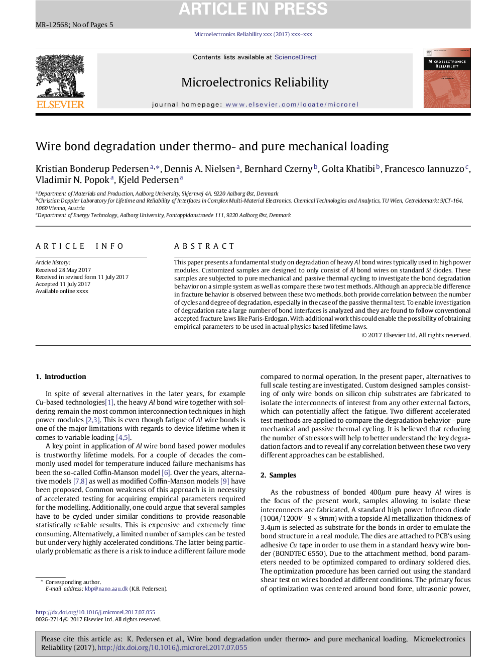 Wire bond degradation under thermo- and pure mechanical loading