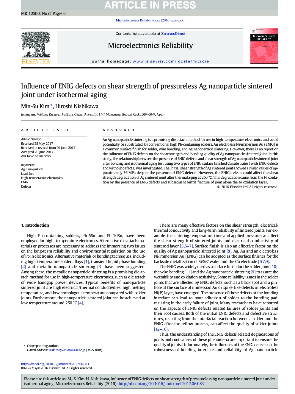 Influence of ENIG defects on shear strength of pressureless Ag nanoparticle sintered joint under isothermal aging