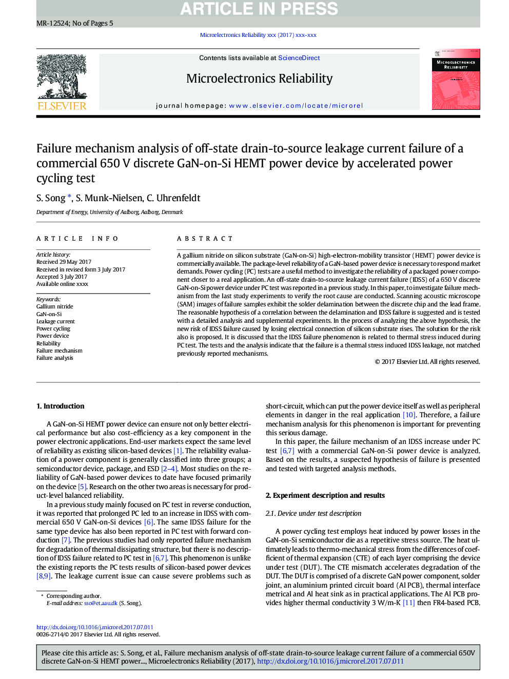 Failure mechanism analysis of off-state drain-to-source leakage current failure of a commercial 650Â V discrete GaN-on-Si HEMT power device by accelerated power cycling test