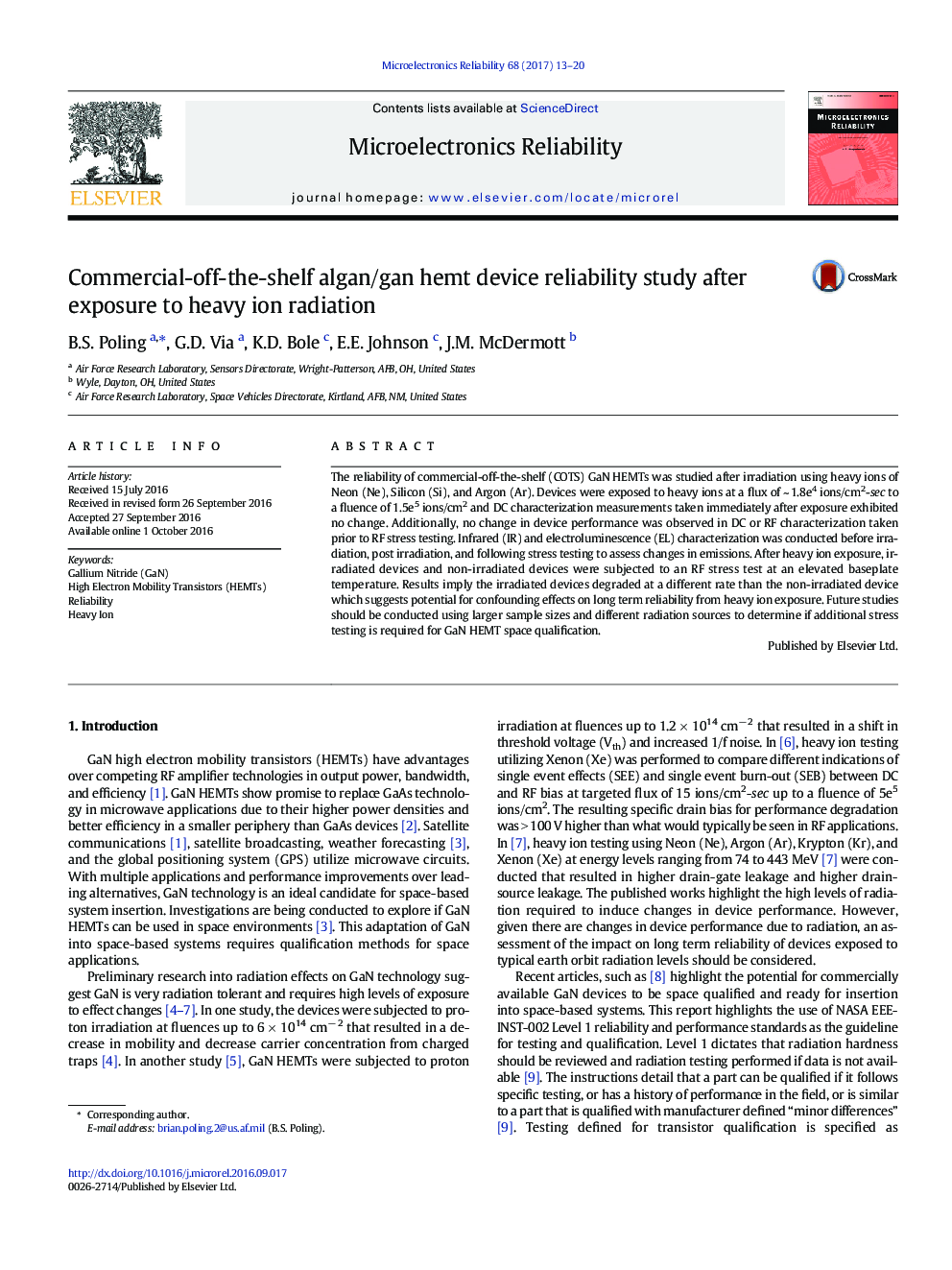 Commercial-off-the-shelf algan/gan hemt device reliability study after exposure to heavy ion radiation