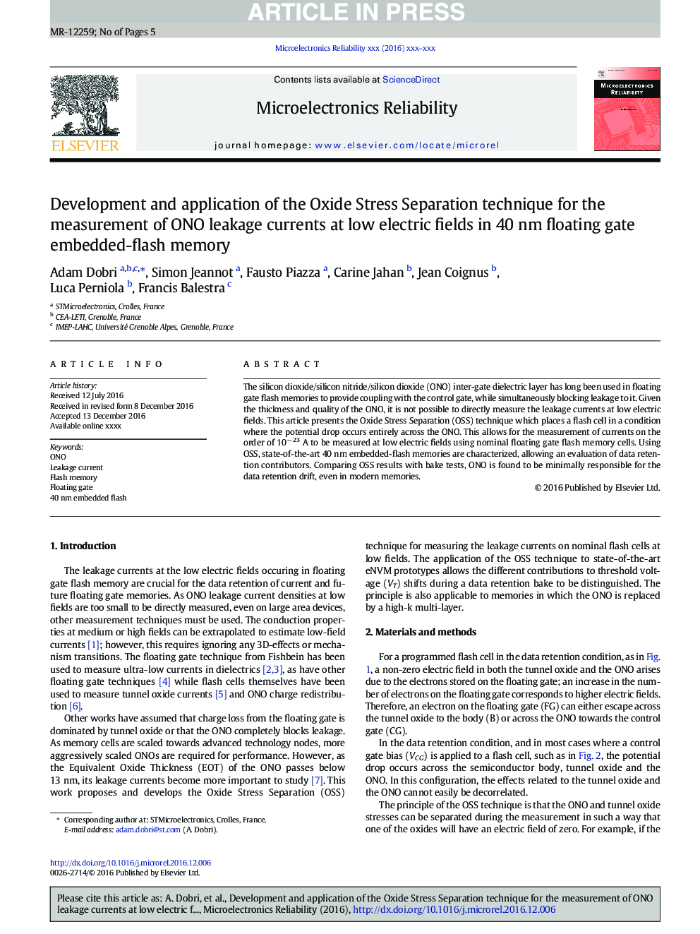عکس صفحه اول مقاله: Development and application of the Oxide Stress Separation technique for the measurement of ONO leakage currents at low electric fields in 40Â nm floating gate embedded-flash memory Development and application of the Oxide Stress Separation technique for the measurement of ONO leakage currents at low electric fields in 40Â nm floating gate embedded-flash memory
