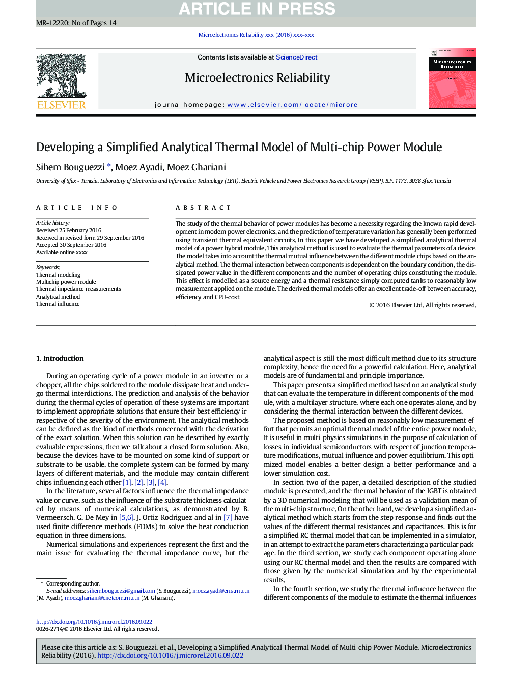 Developing a Simplified Analytical Thermal Model of Multi-chip Power Module