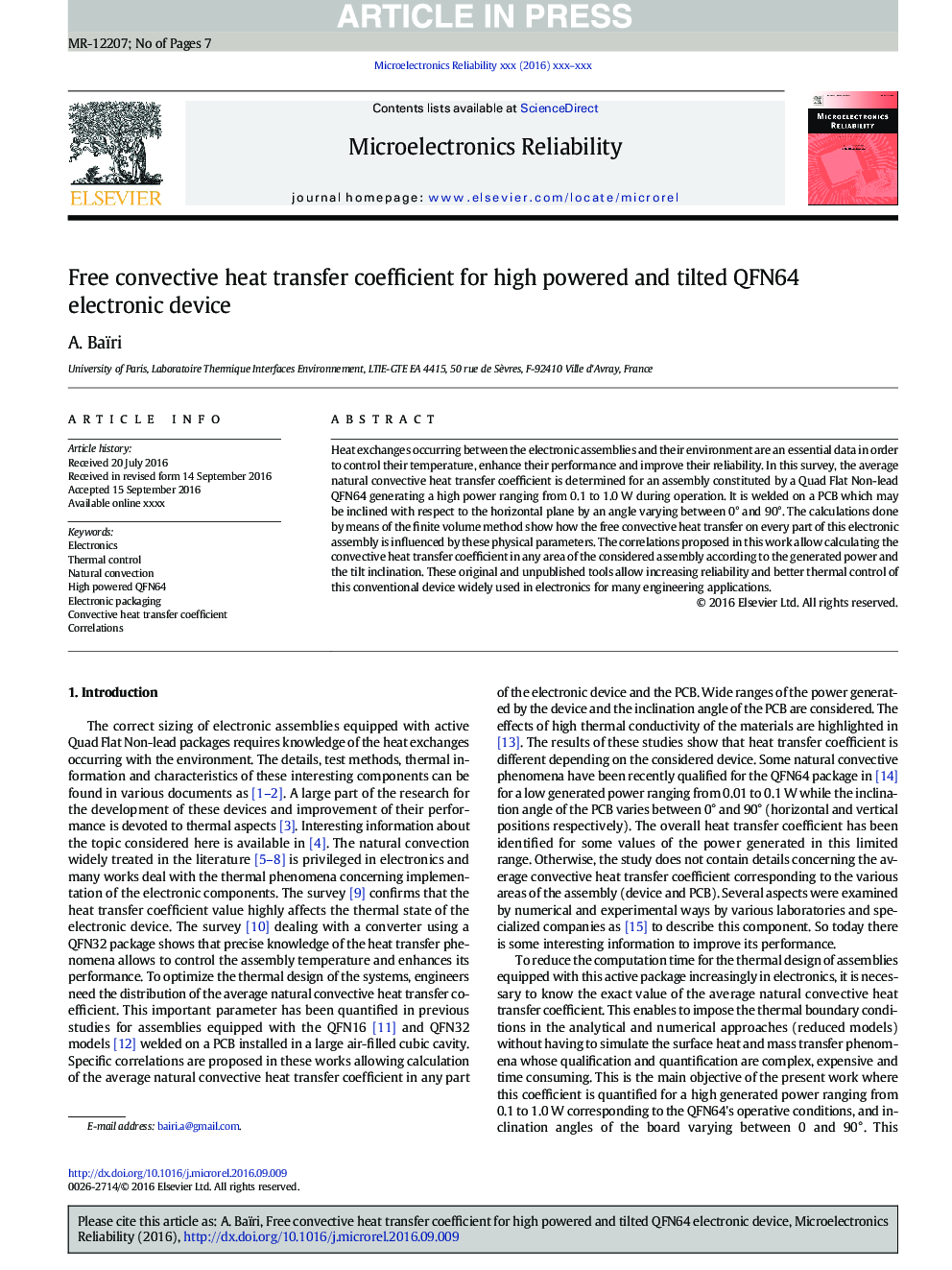 Free convective heat transfer coefficient for high powered and tilted QFN64 electronic device