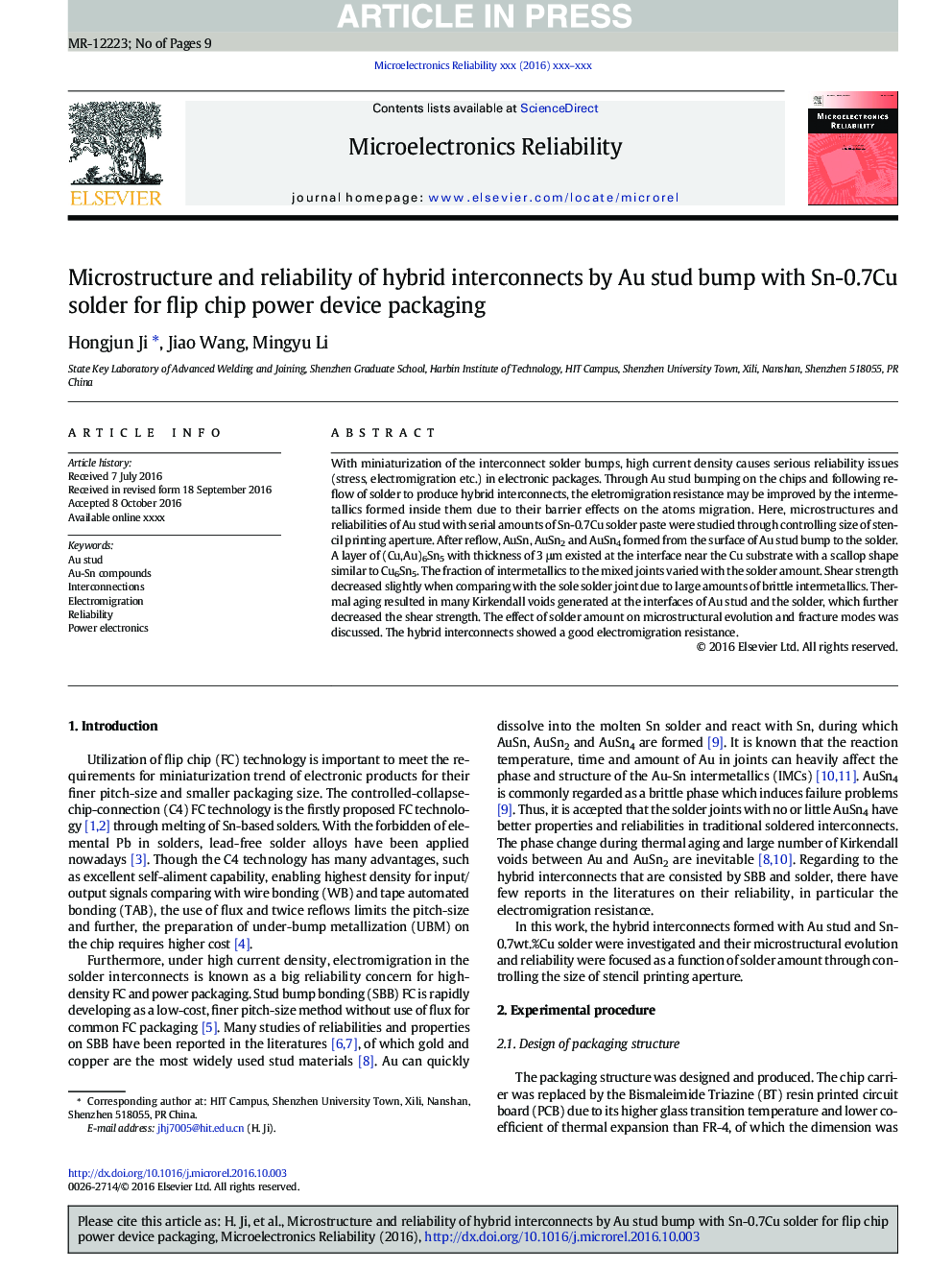 Microstructure and reliability of hybrid interconnects by Au stud bump with Sn-0.7Cu solder for flip chip power device packaging