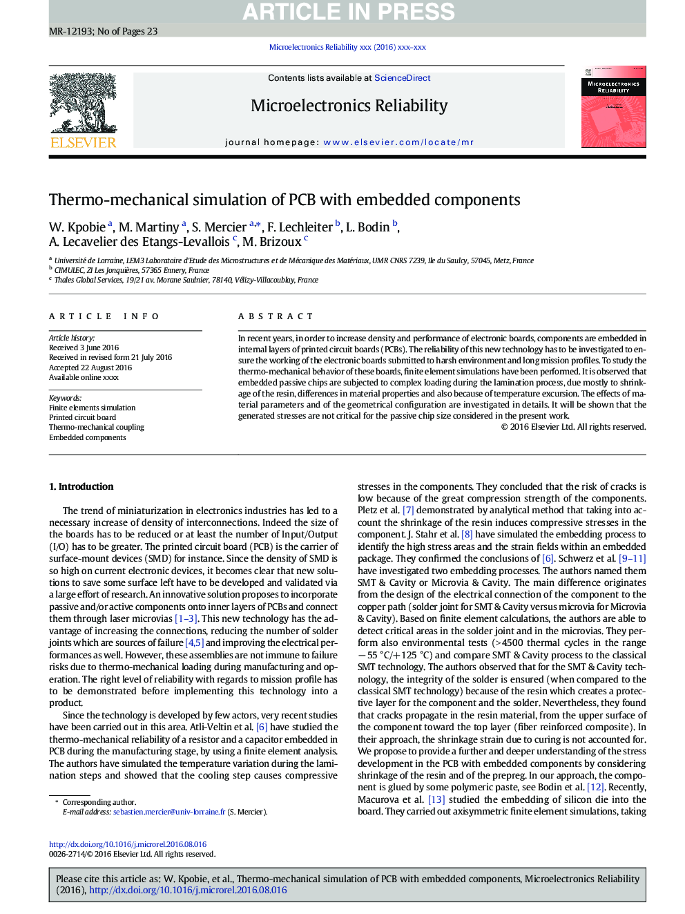 Thermo-mechanical simulation of PCB with embedded components