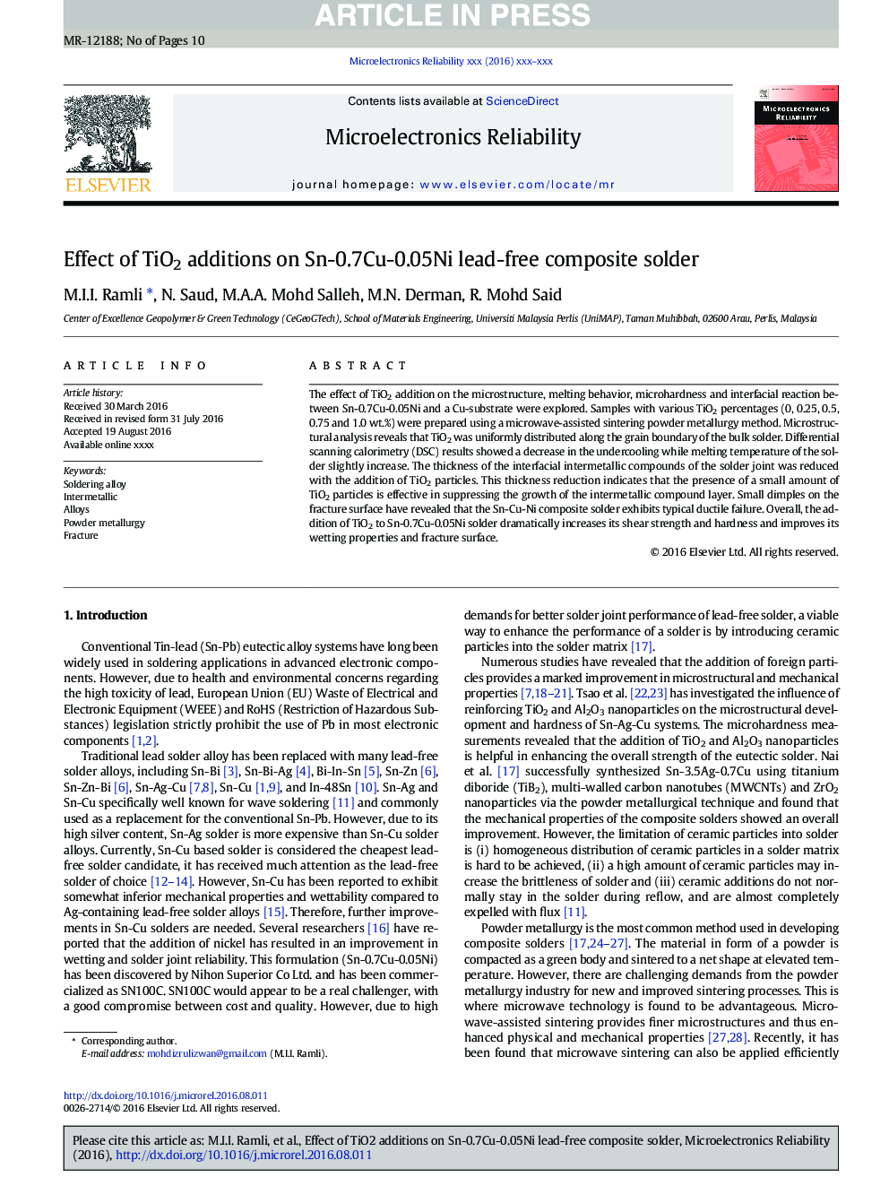 Effect of TiO2 additions on Sn-0.7Cu-0.05Ni lead-free composite solder