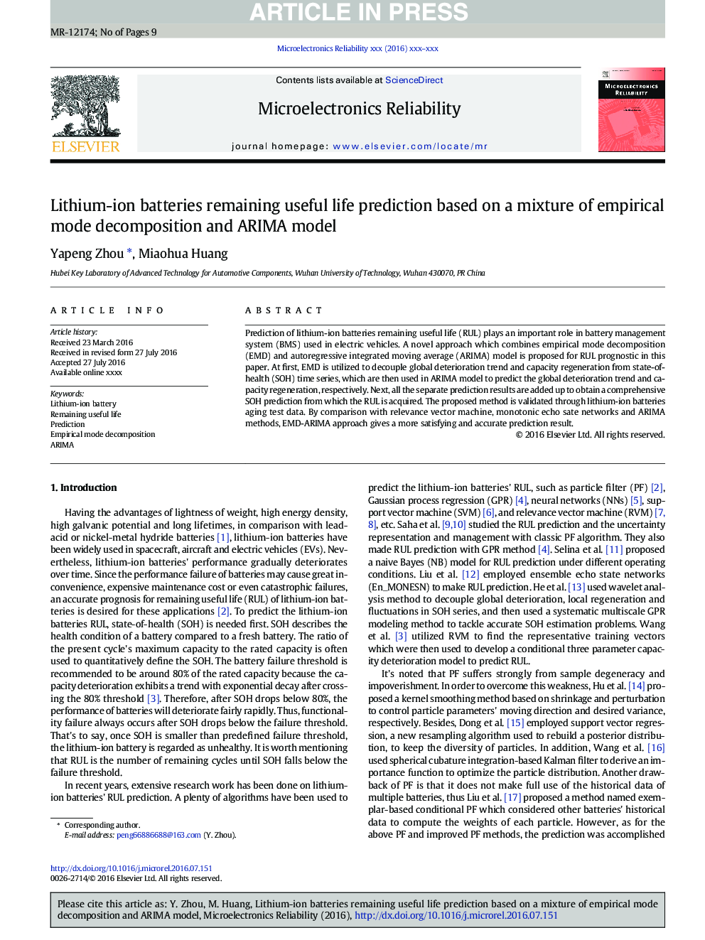 Lithium-ion batteries remaining useful life prediction based on a mixture of empirical mode decomposition and ARIMA model