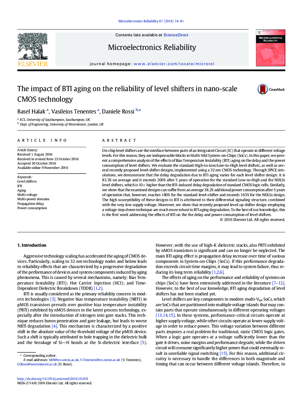 The impact of BTI aging on the reliability of level shifters in nano-scale CMOS technology