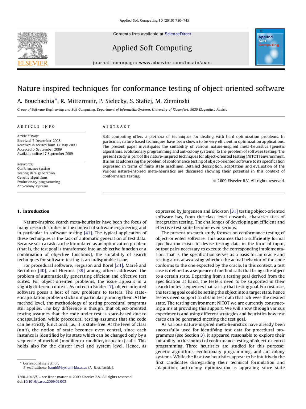 Nature-inspired techniques for conformance testing of object-oriented software