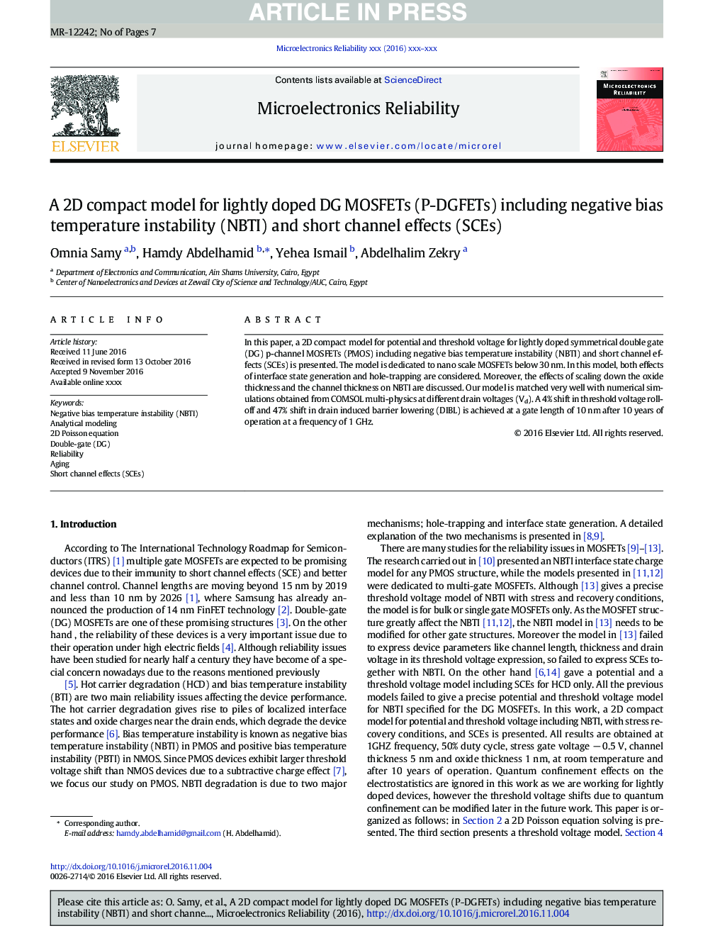 A 2D compact model for lightly doped DG MOSFETs (P-DGFETs) including negative bias temperature instability (NBTI) and short channel effects (SCEs)