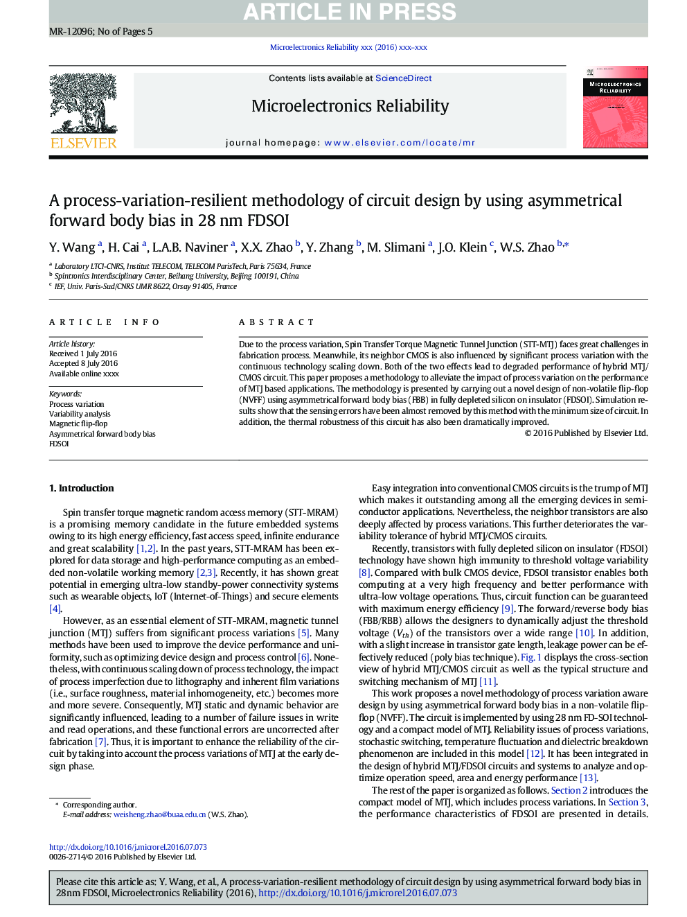 A process-variation-resilient methodology of circuit design by using asymmetrical forward body bias in 28Â nm FDSOI