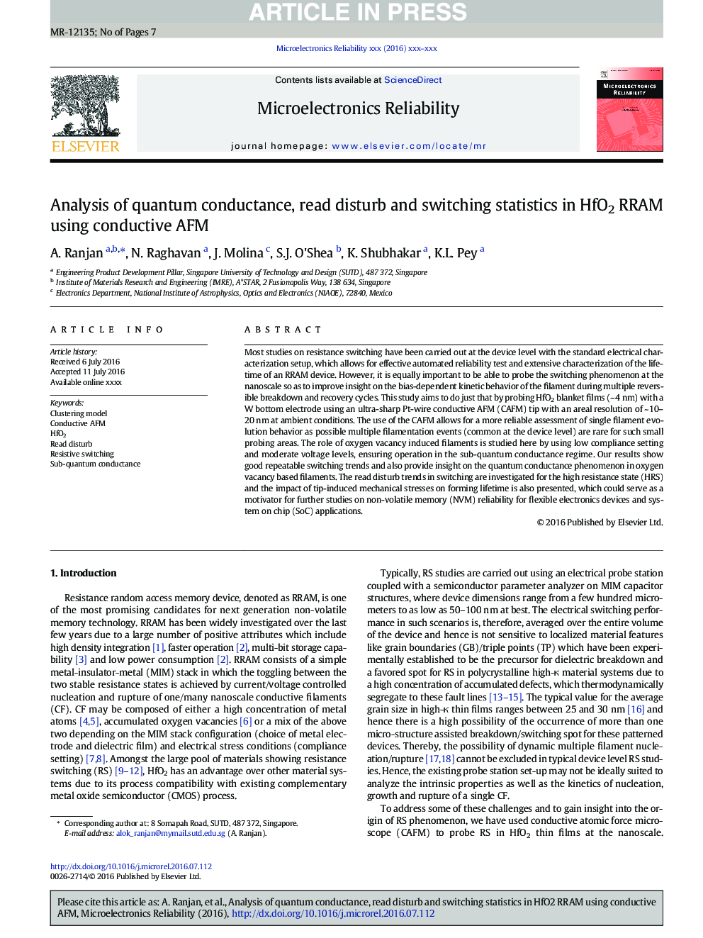 Analysis of quantum conductance, read disturb and switching statistics in HfO2 RRAM using conductive AFM