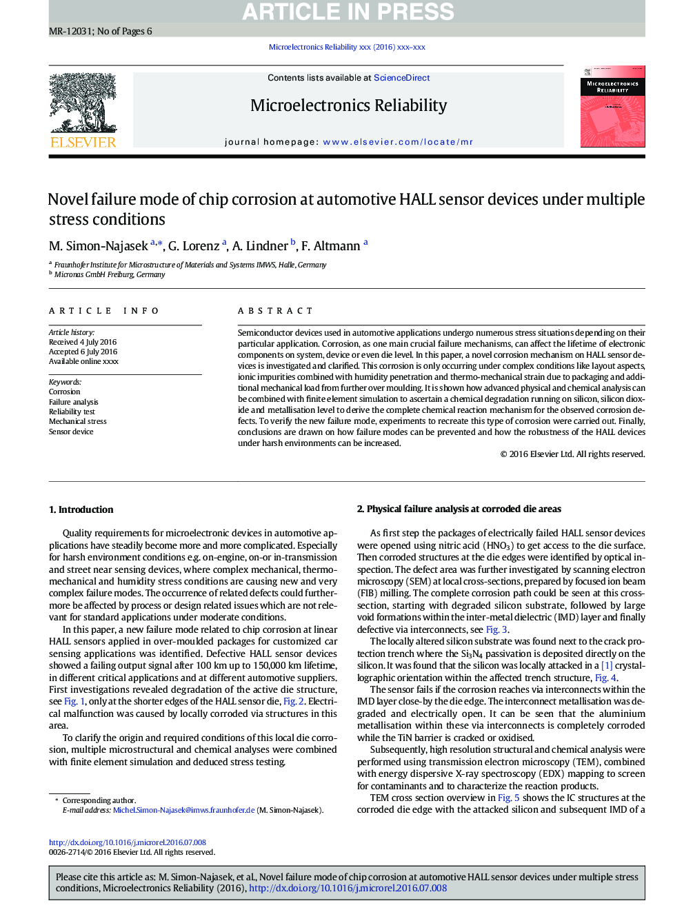 Novel failure mode of chip corrosion at automotive HALL sensor devices under multiple stress conditions