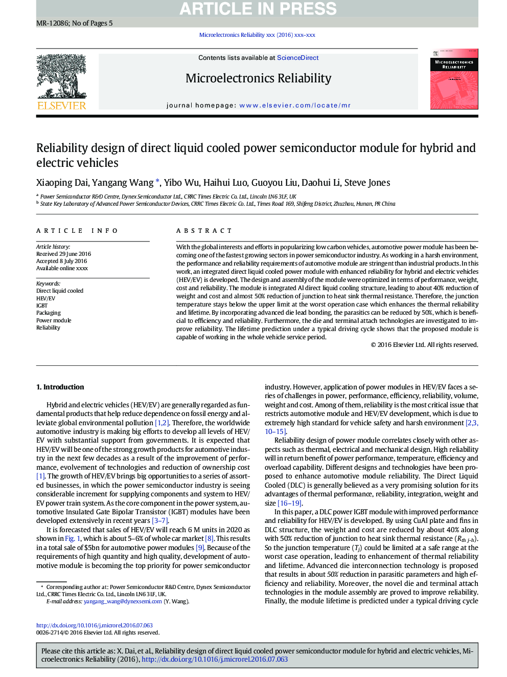 Reliability design of direct liquid cooled power semiconductor module for hybrid and electric vehicles