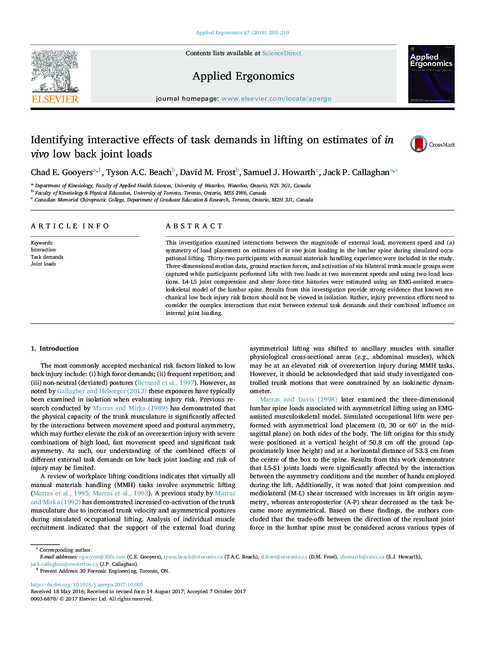 Identifying interactive effects of task demands in lifting on estimates of in vivo low back joint loads