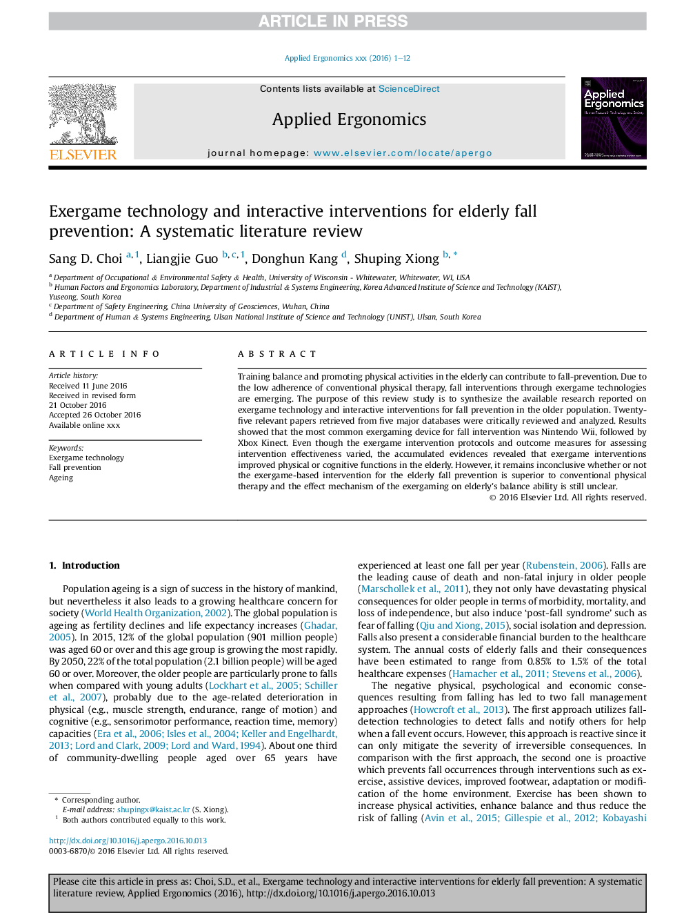 Exergame technology and interactive interventions for elderly fall prevention: A systematic literature review