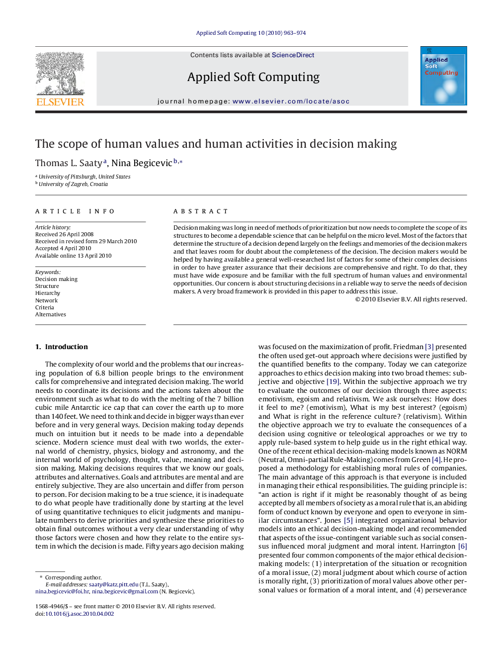 The scope of human values and human activities in decision making