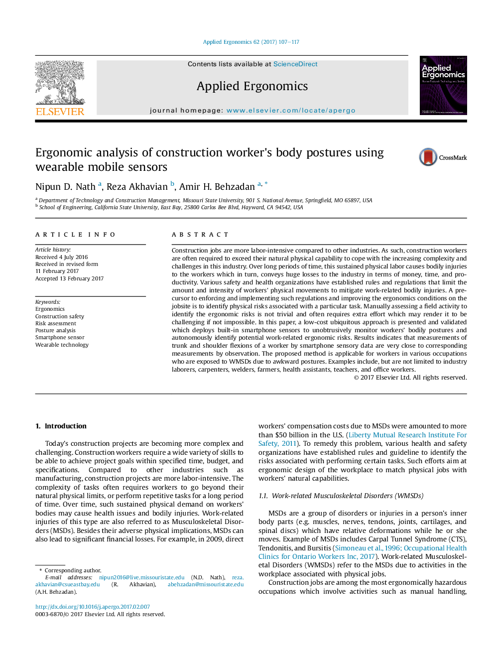 Ergonomic analysis of construction worker's body postures using wearable mobile sensors