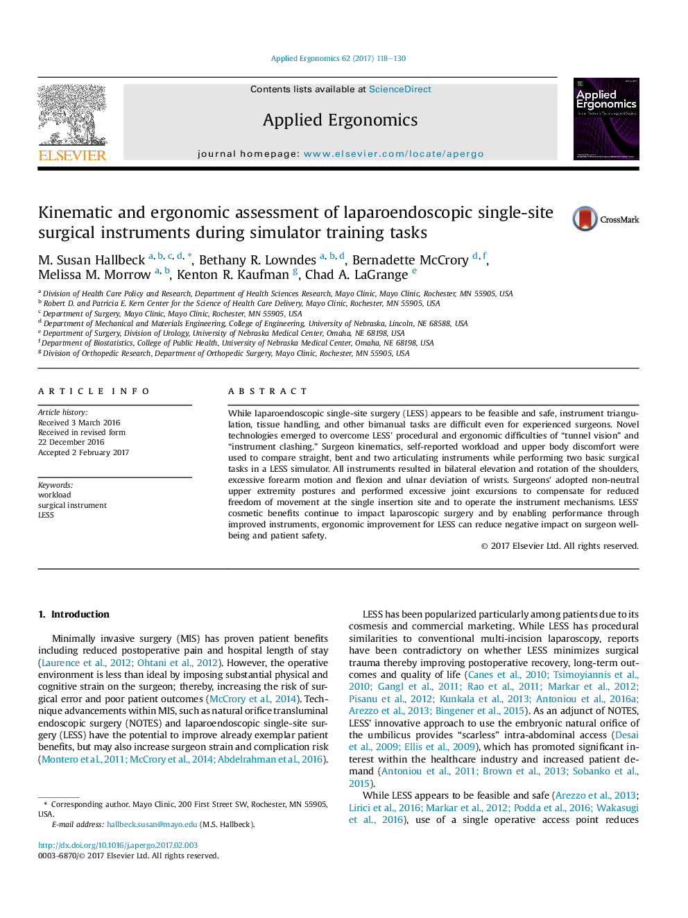 عکس صفحه اول مقاله: Kinematic and ergonomic assessment of laparoendoscopic single-site surgical instruments during simulator training tasks Kinematic and ergonomic assessment of laparoendoscopic single-site surgical instruments during simulator training tasks