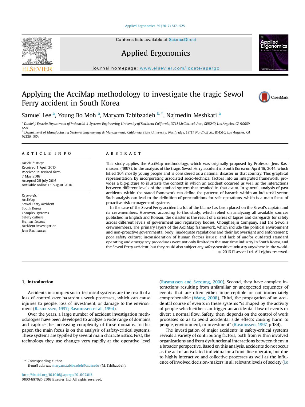 Applying the AcciMap methodology to investigate the tragic Sewol Ferry accident in South Korea