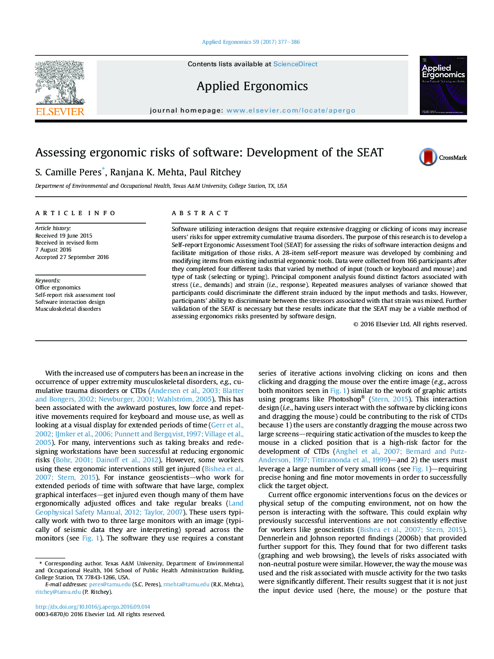 Assessing ergonomic risks of software: Development of the SEAT