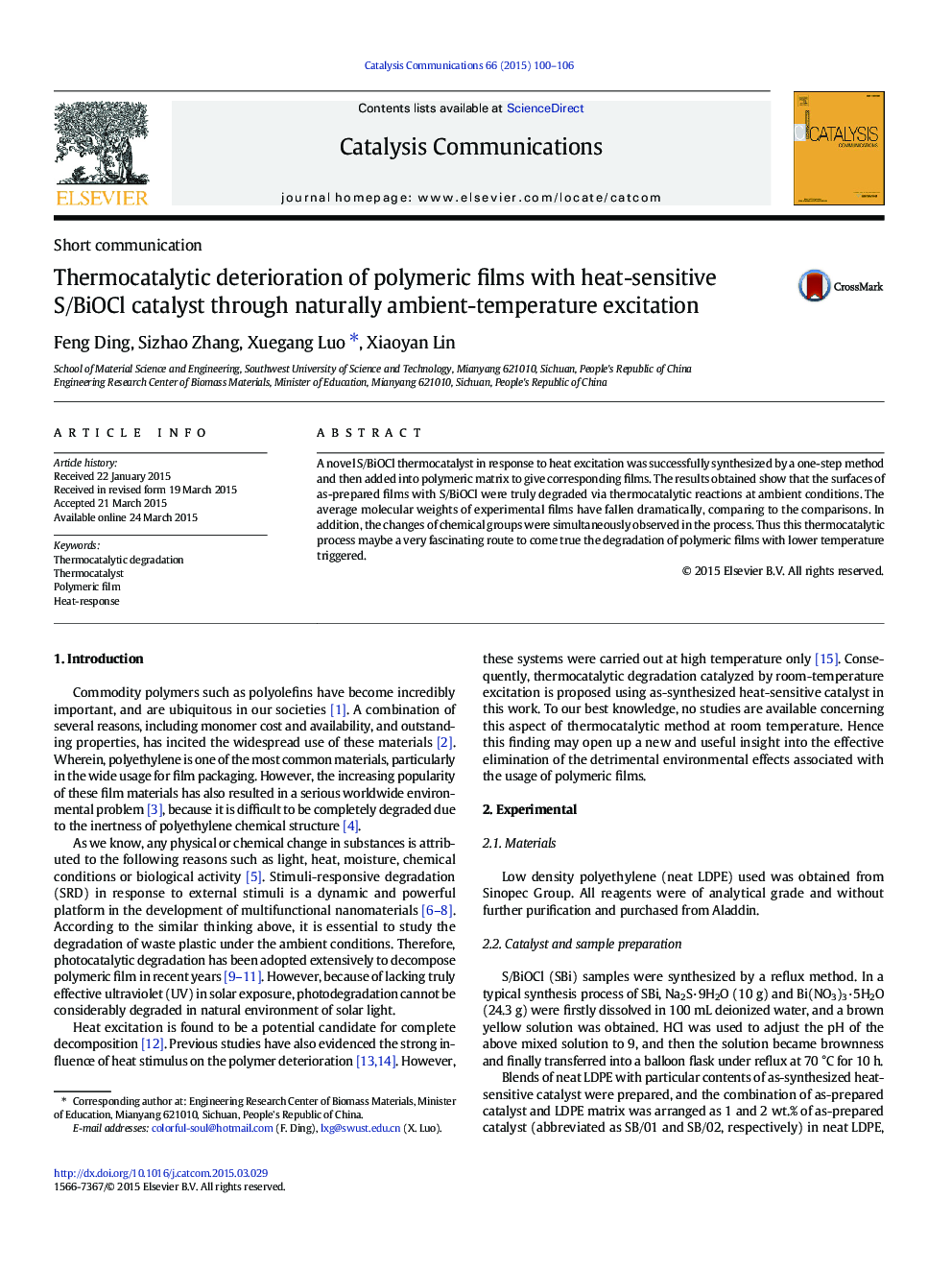 Thermocatalytic deterioration of polymeric films with heat-sensitive S/BiOCl catalyst through naturally ambient-temperature excitation