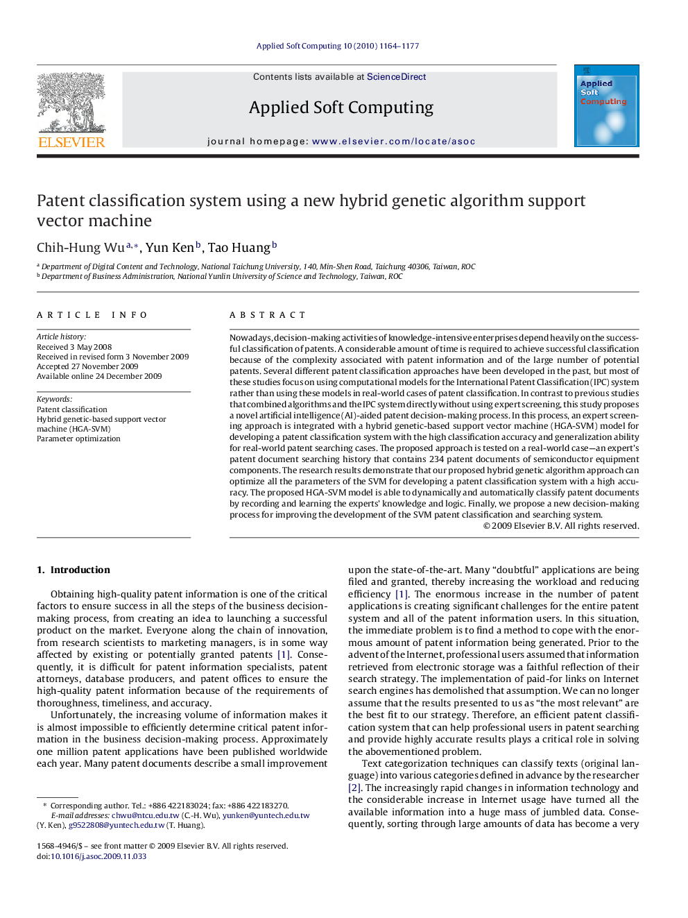 Patent classification system using a new hybrid genetic algorithm support vector machine