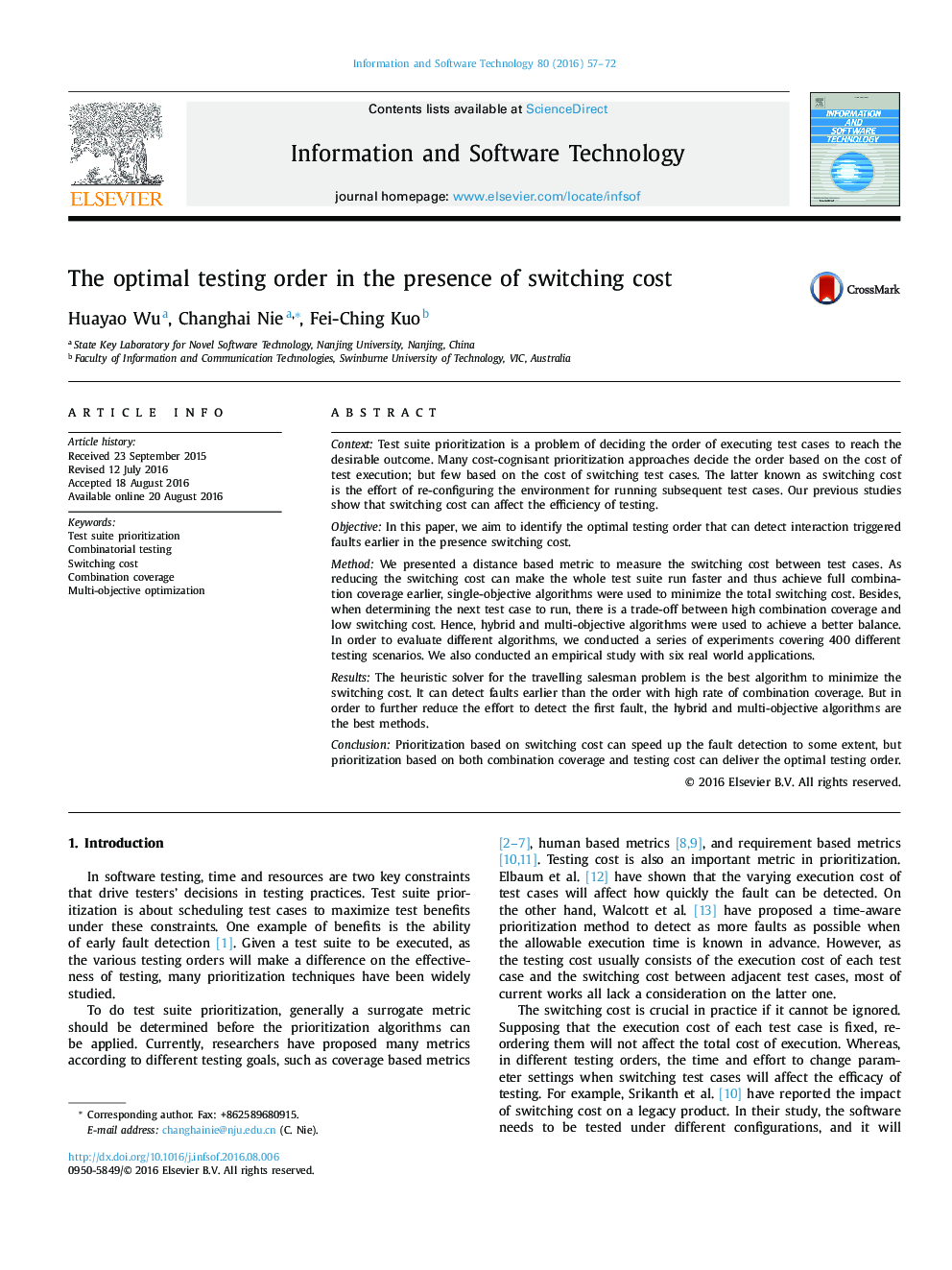 The optimal testing order in the presence of switching cost