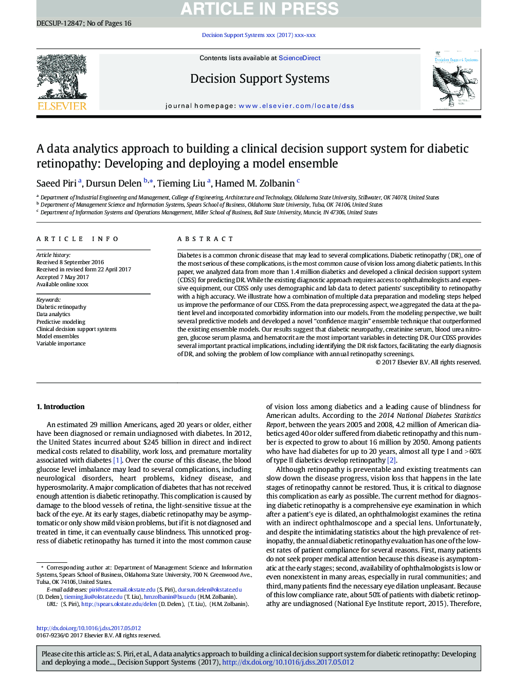 A data analytics approach to building a clinical decision support system for diabetic retinopathy: Developing and deploying a model ensemble