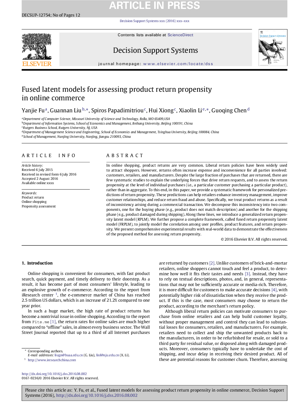 Fused latent models for assessing product return propensity in online commerce