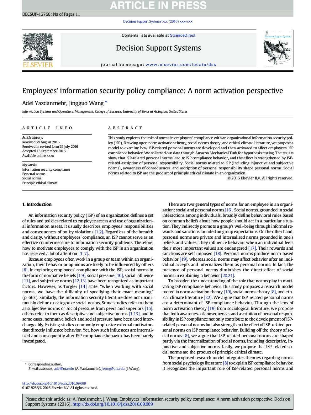 Employees' information security policy compliance: A norm activation perspective