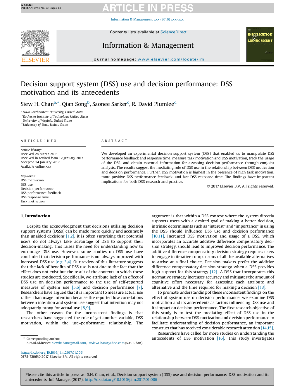 Decision support system (DSS) use and decision performance: DSS motivation and its antecedents