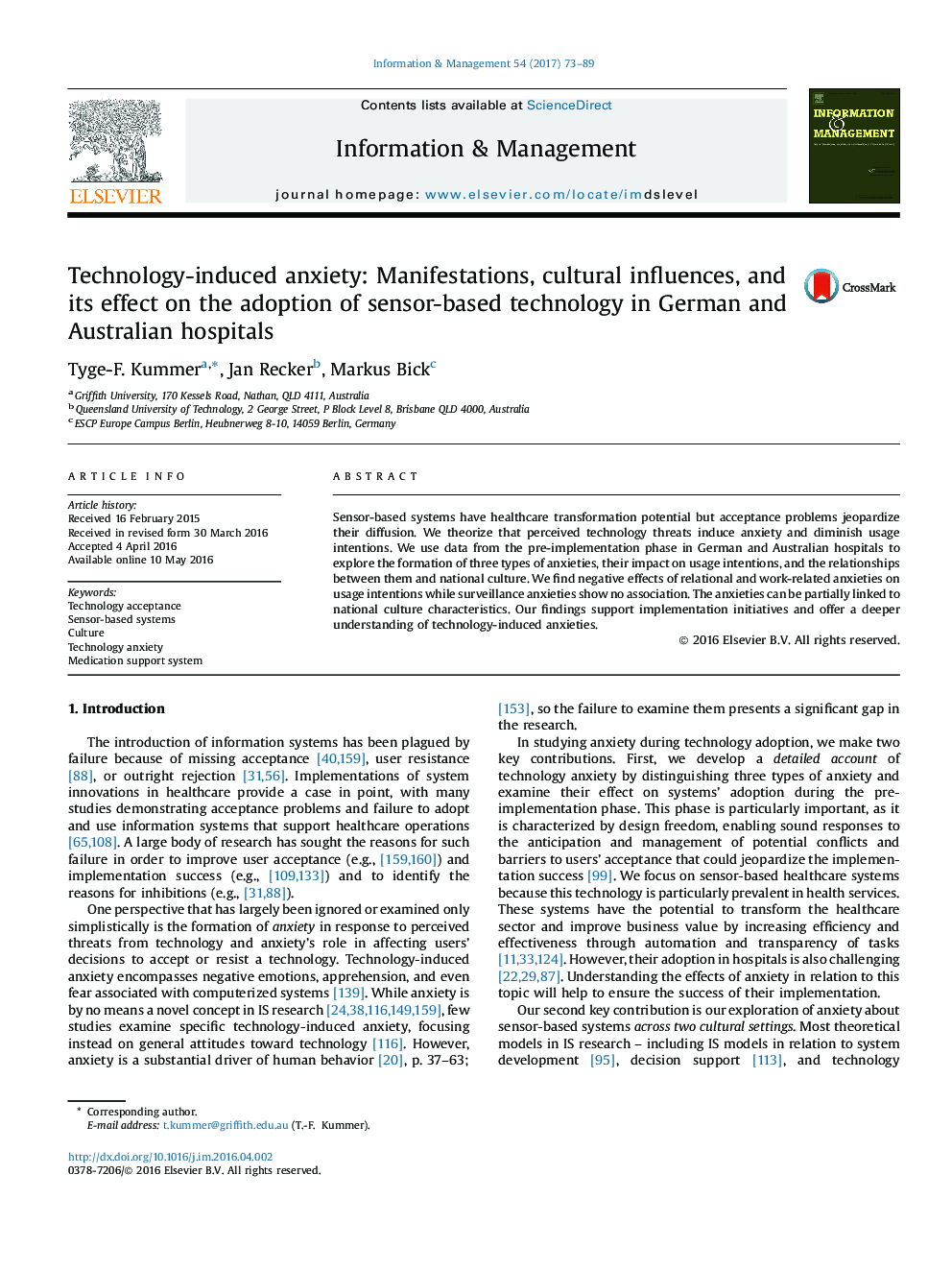 Technology-induced anxiety: Manifestations, cultural influences, and its effect on the adoption of sensor-based technology in German and Australian hospitals