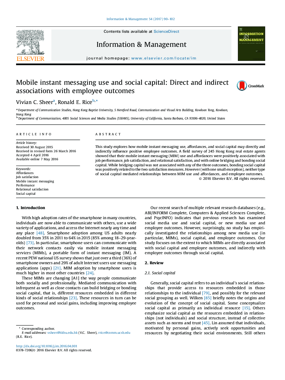 Mobile instant messaging use and social capital: Direct and indirect associations with employee outcomes