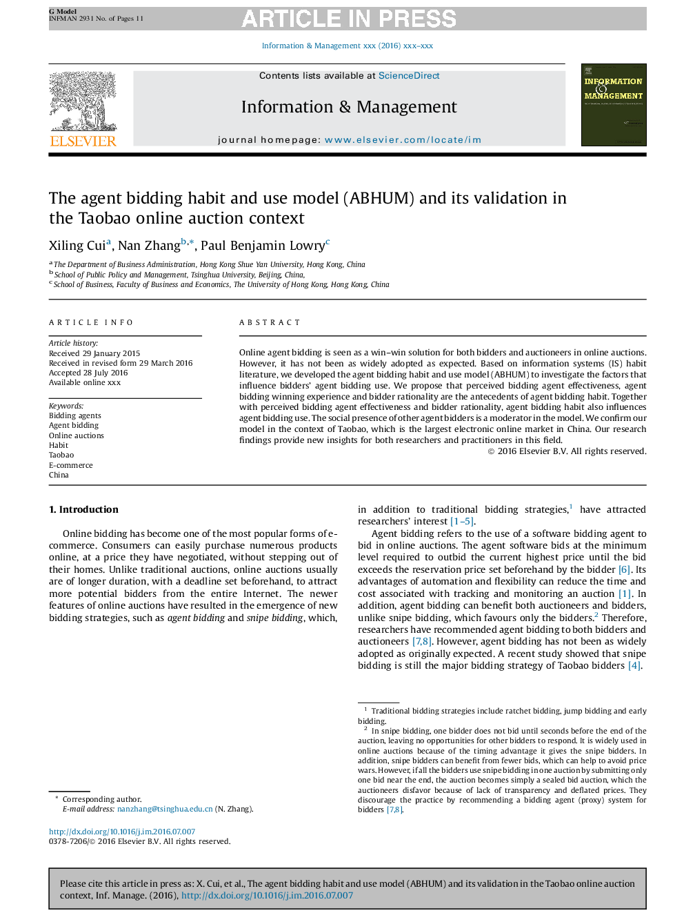 The agent bidding habit and use model (ABHUM) and its validation in the Taobao online auction context