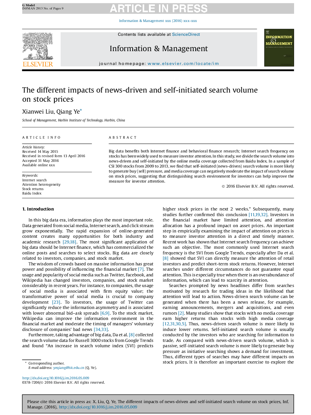 The different impacts of news-driven and self-initiated search volume on stock prices