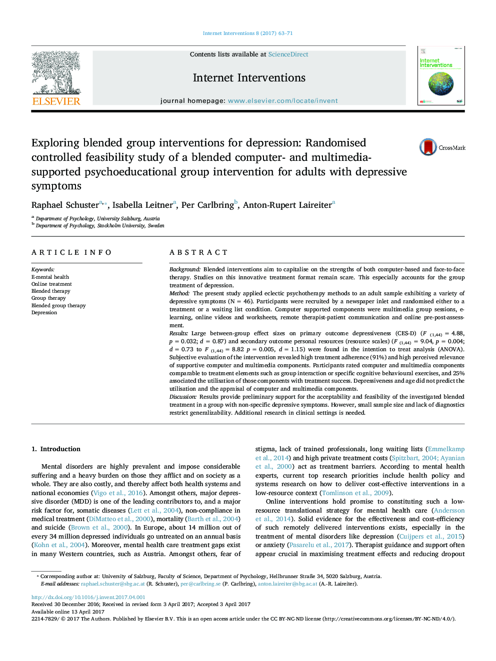 Exploring blended group interventions for depression: Randomised controlled feasibility study of a blended computer- and multimedia-supported psychoeducational group intervention for adults with depressive symptoms