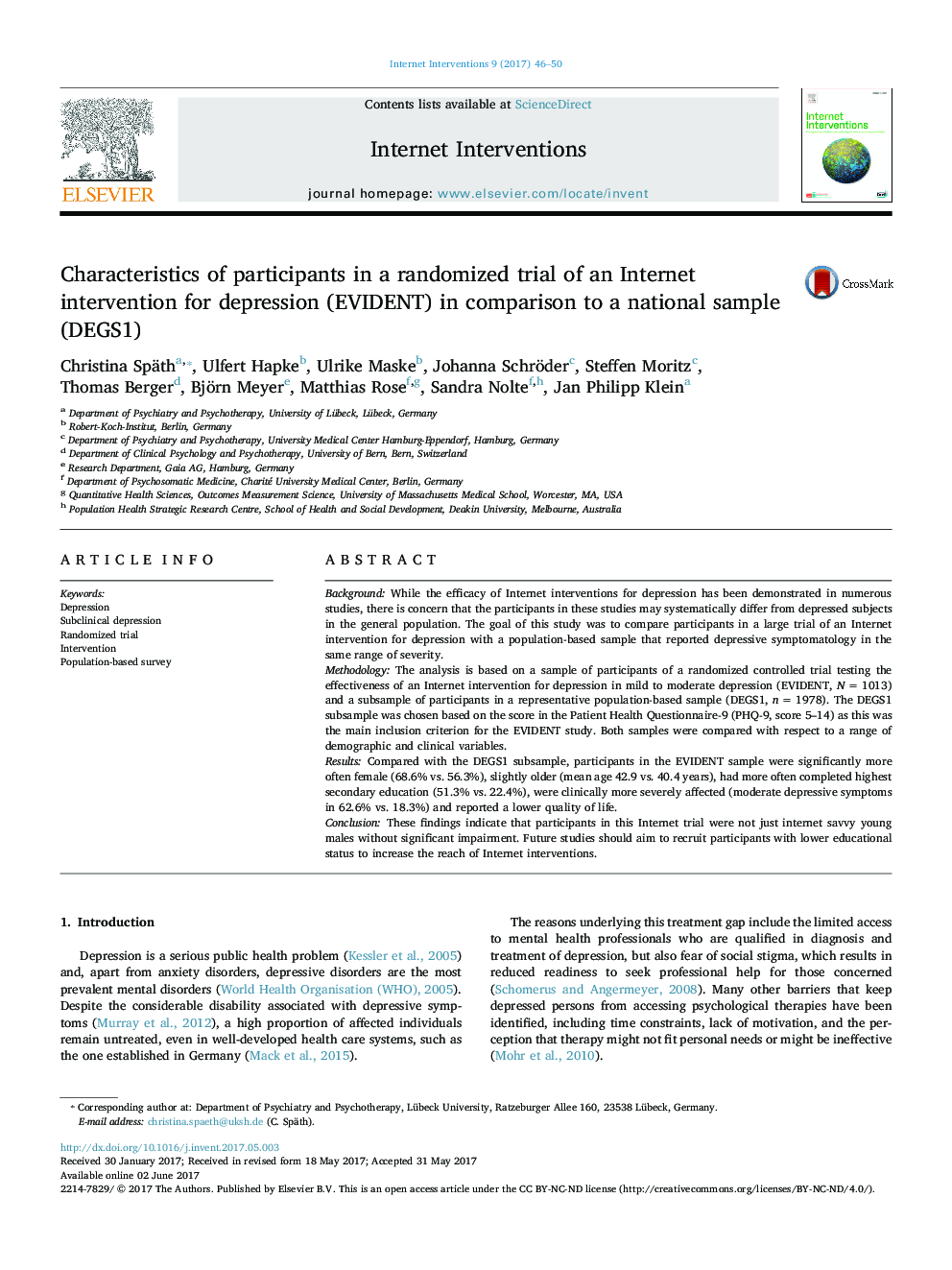 Characteristics of participants in a randomized trial of an Internet intervention for depression (EVIDENT) in comparison to a national sample (DEGS1)