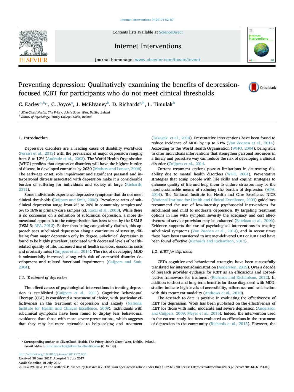 Preventing depression: Qualitatively examining the benefits of depression-focused iCBT for participants who do not meet clinical thresholds