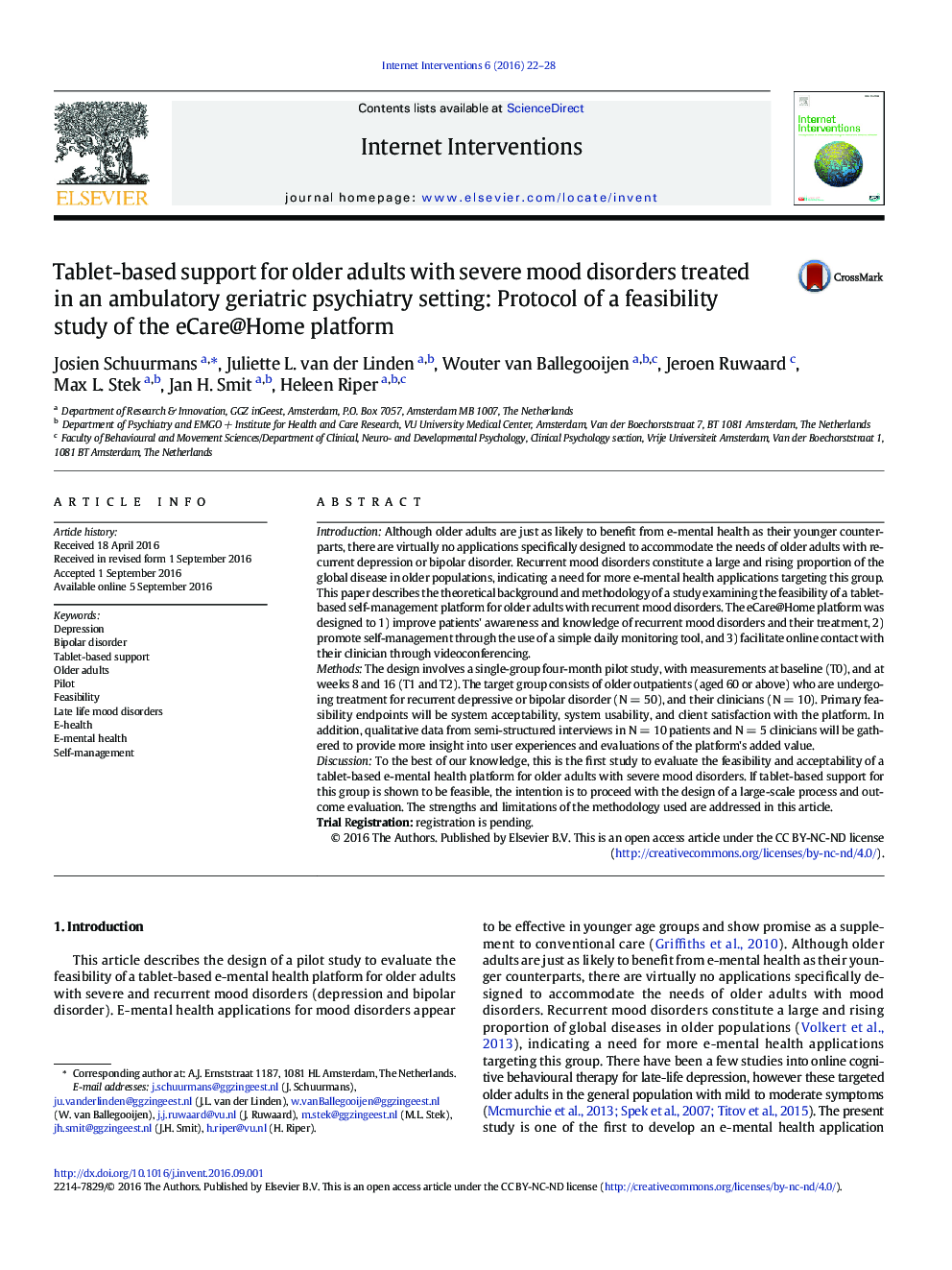 Tablet-based support for older adults with severe mood disorders treated in an ambulatory geriatric psychiatry setting: Protocol of a feasibility study of the eCare@Home platform