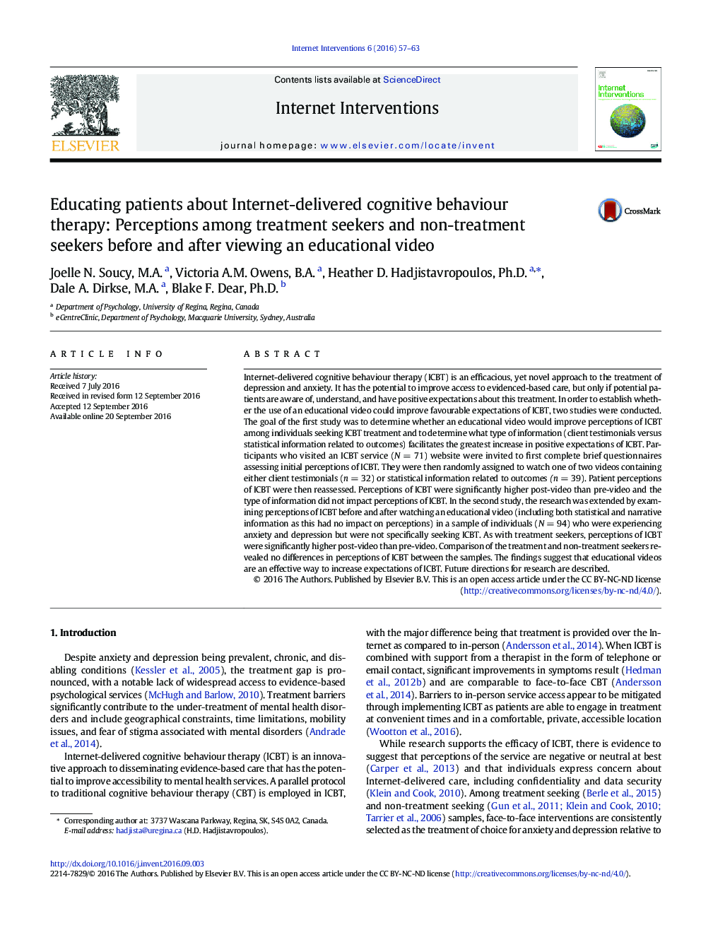 Educating patients about Internet-delivered cognitive behaviour therapy: Perceptions among treatment seekers and non-treatment seekers before and after viewing an educational video