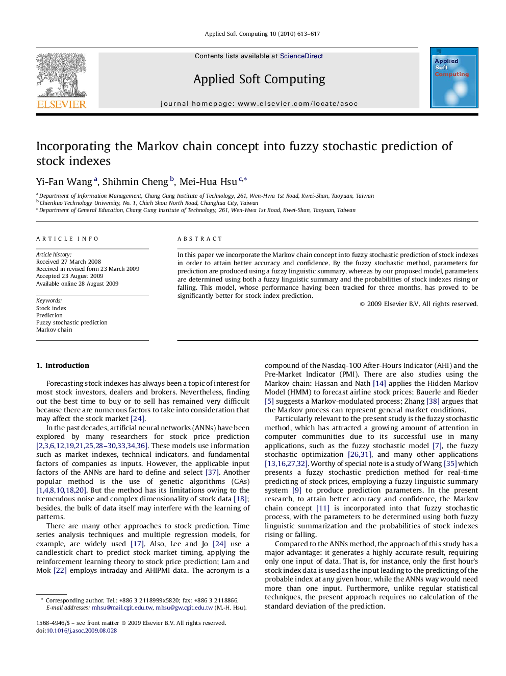 Incorporating the Markov chain concept into fuzzy stochastic prediction of stock indexes