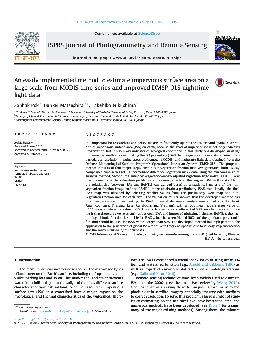 An easily implemented method to estimate impervious surface area on a large scale from MODIS time-series and improved DMSP-OLS nighttime light data