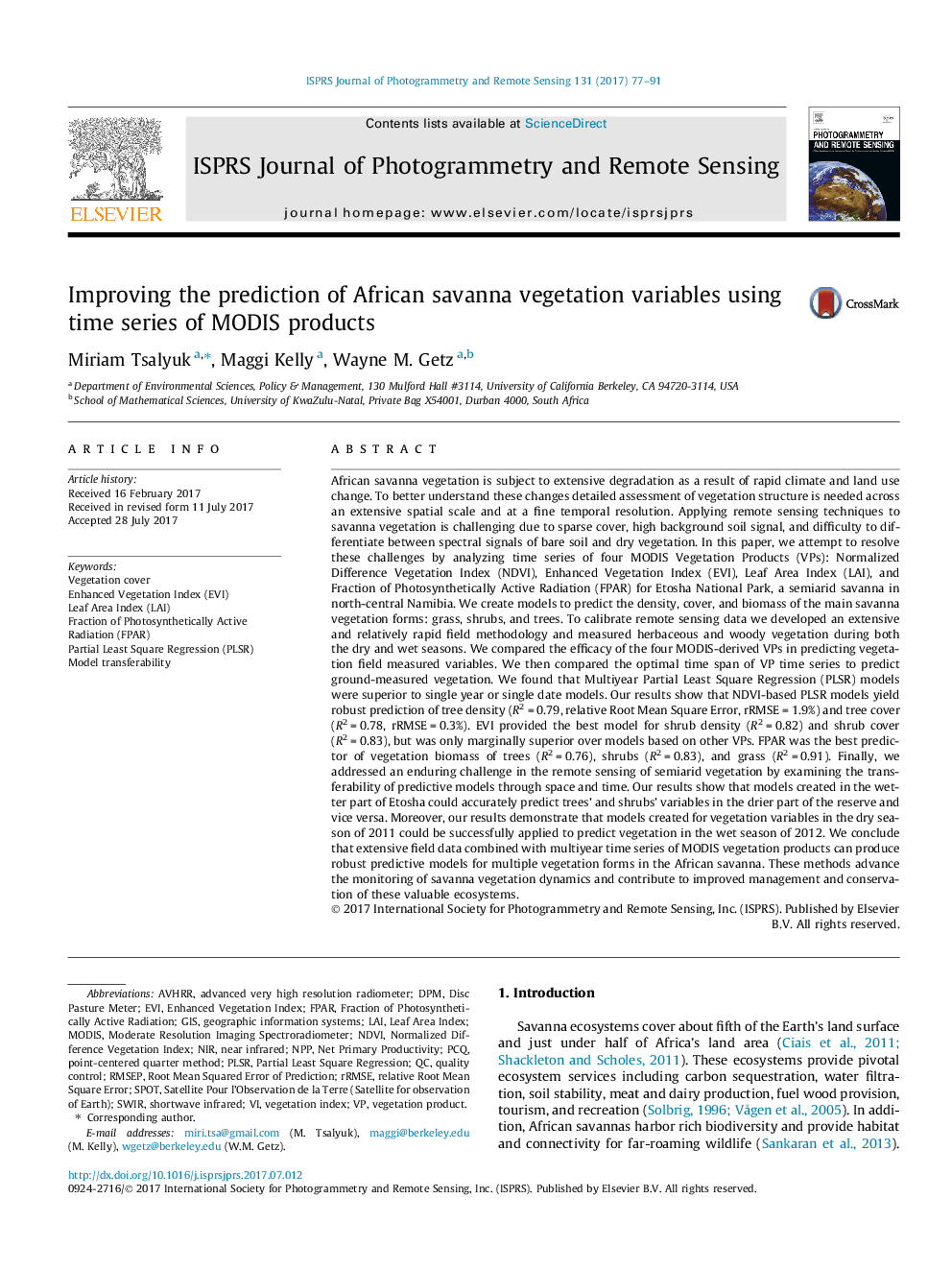 Improving the prediction of African savanna vegetation variables using time series of MODIS products